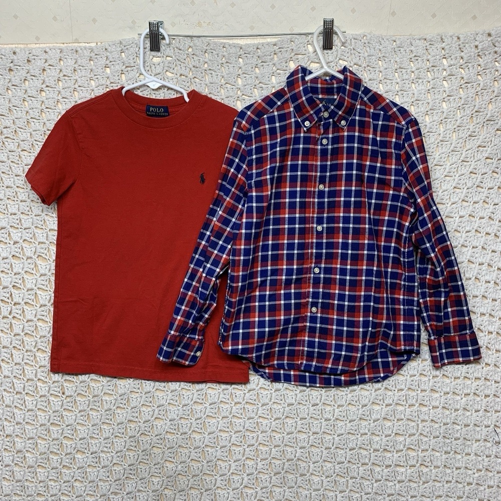2 Pieces‎ Ralph Lauren Boys Shirts 6 Blue Red Blue & Red Plaid And Shirt Sólid